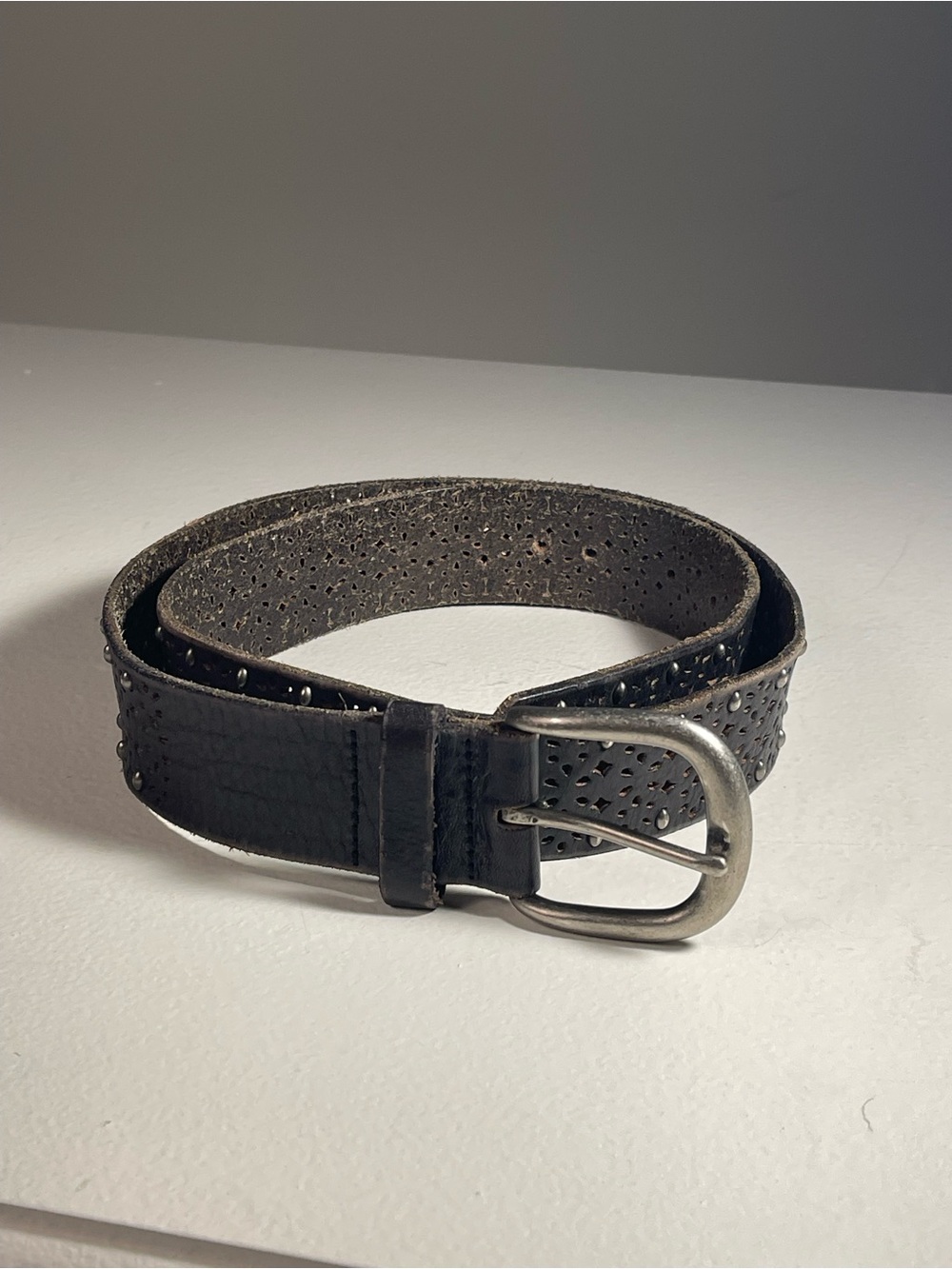 Fossil Black Studded & Perforated Genuine Leather Belt Size M